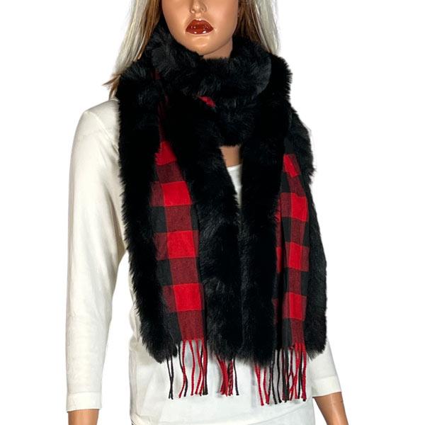 Wholesale 3554 - Fur Trimmed  Scarves 3554 - Buffalo Plaid Red/Black<br>
Black Fur Trimmed Scarf - 72