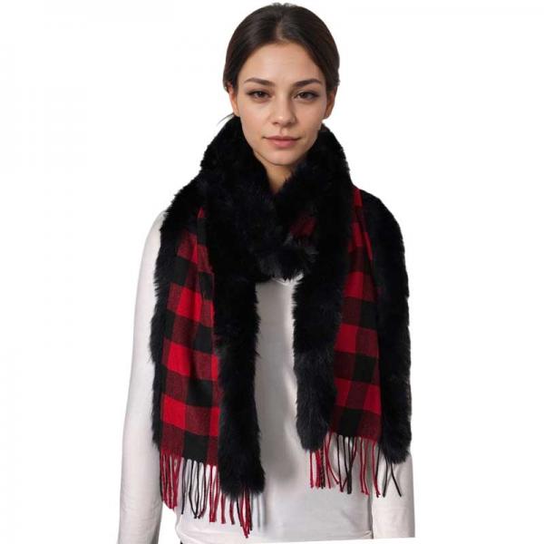 wholesale 3554 - Fur Trimmed  Scarves 3554 - Buffalo Plaid Red/Black<br>
Black Fur Trimmed Scarf - 72