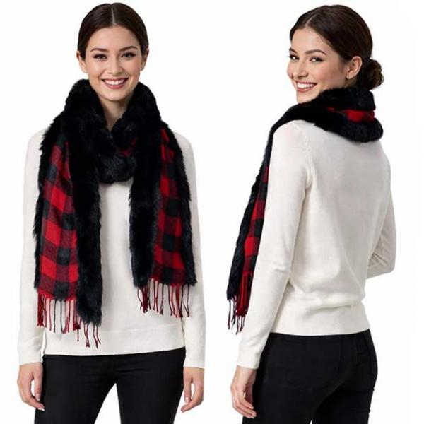 wholesale 3554 - Fur Trimmed  Scarves 3554 - Buffalo Plaid Red/Black<br>
Black Fur Trimmed Scarf - 72