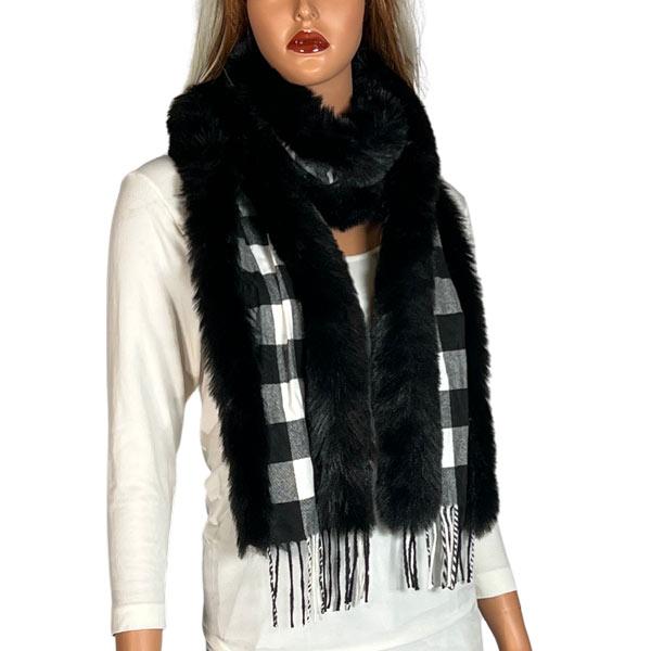 Wholesale 3554 - Fur Trimmed  Scarves 3554 - Buffalo Plaid White/Black<br>
Black Fur Trimmed Scarf - 72