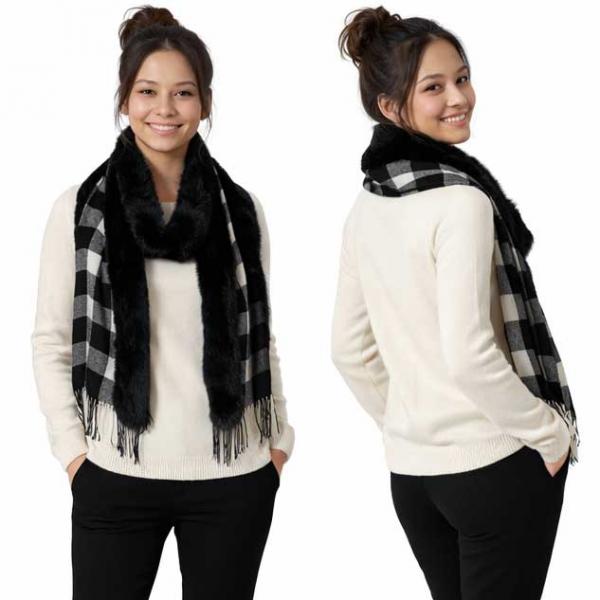 wholesale 3554 - Fur Trimmed  Scarves 3554 - Buffalo Plaid White/Black<br>
Black Fur Trimmed Scarf - 72