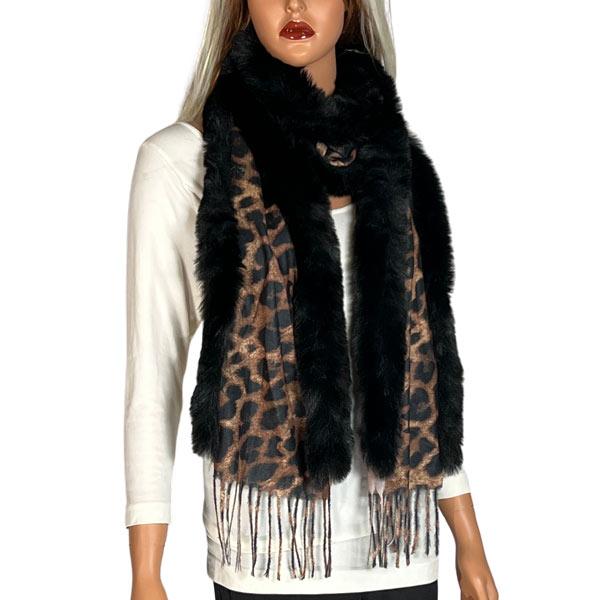 Wholesale 3554 - Fur Trimmed  Scarves 3554 - Leopard<br> 
Black Fur Trimmed Scarf - 72