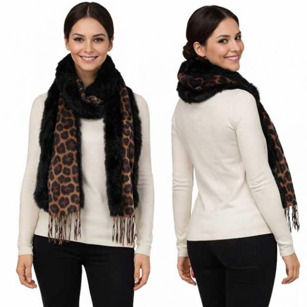 wholesale 3554 - Fur Trimmed  Scarves 3554 - Leopard<br> 
Black Fur Trimmed Scarf - 72