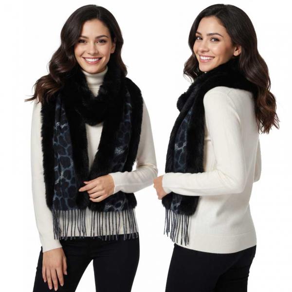 wholesale 3554 - Fur Trimmed  Scarves 3554 - Black Leopard<br>
Black Fur Trimmed Scarf - 72