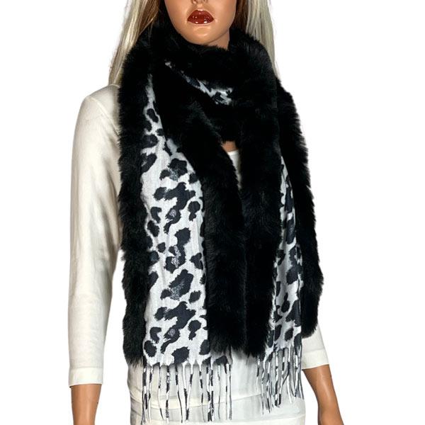 Wholesale 3554 - Fur Trimmed  Scarves 3554 - White/Black Leopard<br>
Black Fur Trimmed Scarf - 72