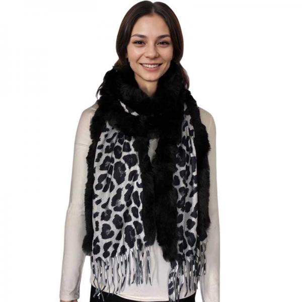 wholesale 3554 - Fur Trimmed  Scarves 3554 - White/Black Leopard<br>
Black Fur Trimmed Scarf - 72