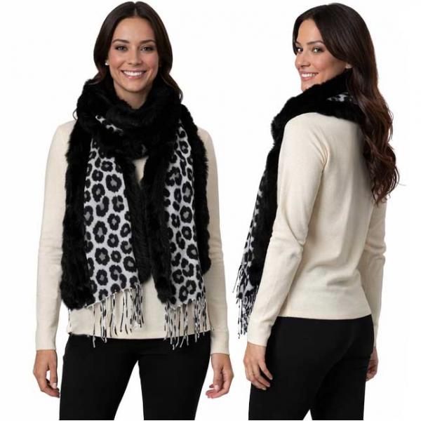 wholesale 3554 - Fur Trimmed  Scarves 3554 - White/Black Leopard<br>
Black Fur Trimmed Scarf - 72