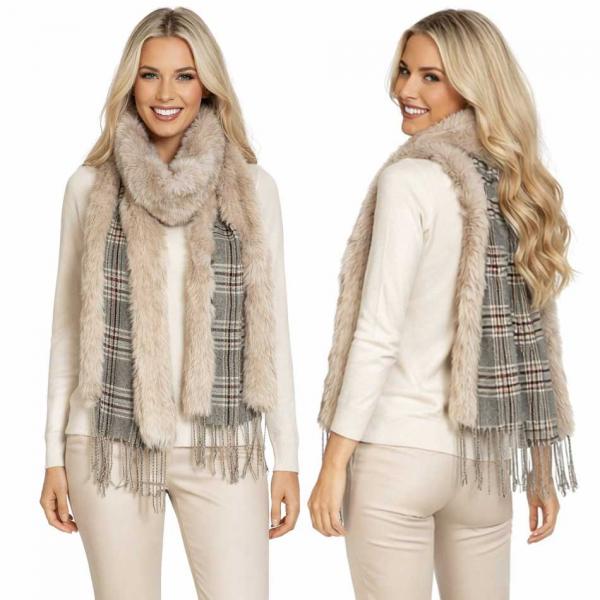wholesale 3554 - Fur Trimmed  Scarves 3554 Plaid<br>
Latte Fur Trimmed Scarf - 72