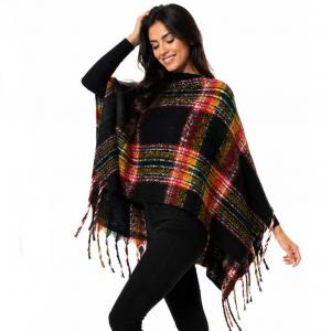 3125  - Nubby Plaid Poncho Black-Multi  - One Size Fits All