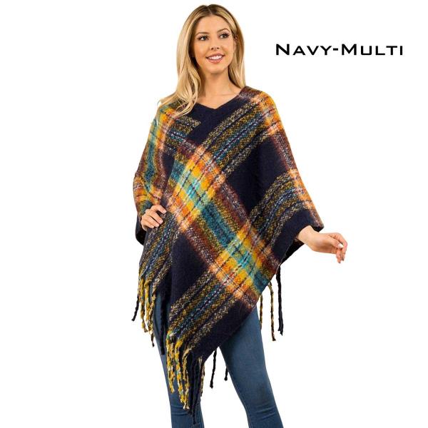 Wholesale 3125 - Nubby Plaid Poncho Navy-Multi  - One Size Fits All