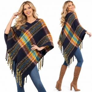3125  - Nubby Plaid Poncho Navy-Multi  - One Size Fits All
