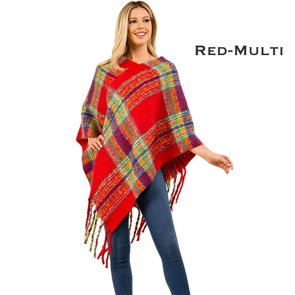 Wholesale 3125 - Nubby Plaid Poncho Red-Multi  - One Size Fits All