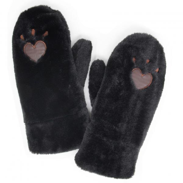 wholesale Plush Mittens - 187/222/219/260  222 - Black Heart Paw - One Size Fits Most