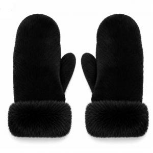 3571 - Winter Mittens  Black<br>
Plush Mittens with Faux Rabbit Trim - 