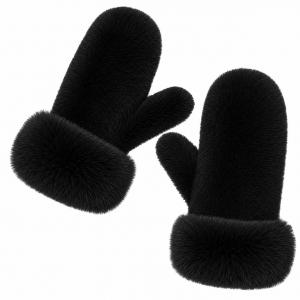 3571 - Winter Mittens  Black<br>
Plush Mittens with Faux Rabbit Cuffs - 