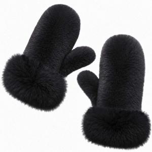 3571 - Winter Mittens  Charcoal<br>
Plush Mittens with Faux Rabbit Cuffs - 