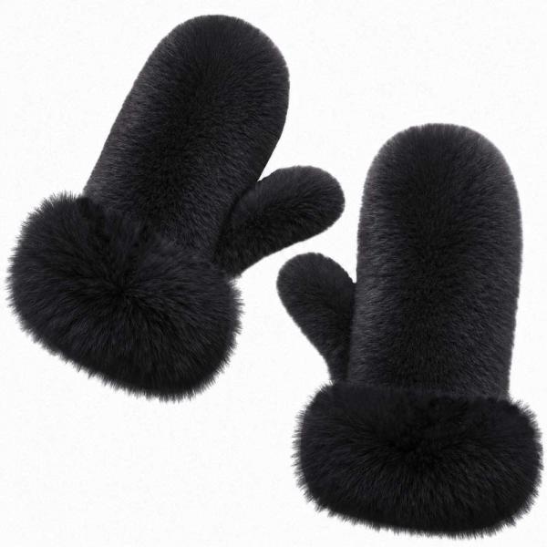wholesale 3571 - Winter Mittens  Charcoal<br>
Plush Mittens with Faux Rabbit Cuffs - 