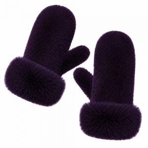3571 - Winter Mittens  Dark Plum<br>
Plush Mittens with Faux Rabbit Cuffs - 