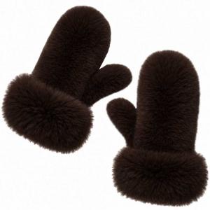 3571 - Winter Mittens  Dark Brown<br>
Plush Mittens with Faux Rabbit Cuffs - 