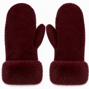 3571 - Winter Mittens  Burgundy<br>
Plush Mittens with Faux Rabbit Cuffs - 