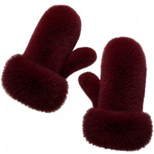 3571 - Winter Mittens  Burgundy<br>
Plush Mittens with Faux Rabbit Cuffs - 