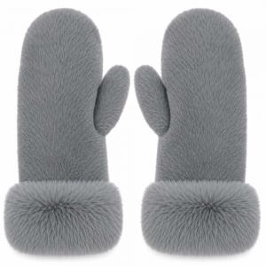 3571 - Winter Mittens  Light Grey<br>
Plush Mittens with Faux Rabbit Cuffs - 
