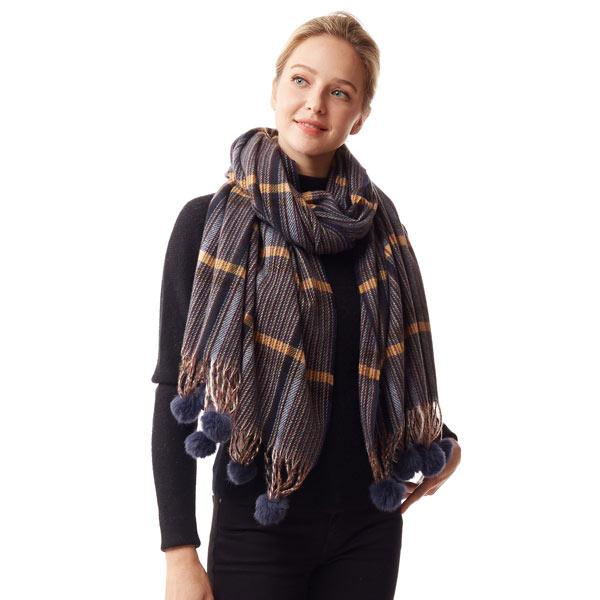 wholesale 1242 - Plaid Pom Pom Scarf/Shawls 1242-03<br> NAVY<br> Plaid Pom Pom Shawl(MB) - 26