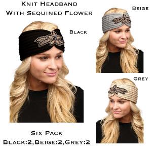 Wholesale  006 - Sequined Flower<br>
Winter Headband Six Pack - 