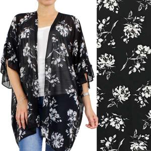 Wholesale  10154-Black<br>
Flower Print Ruffle Kimono - 