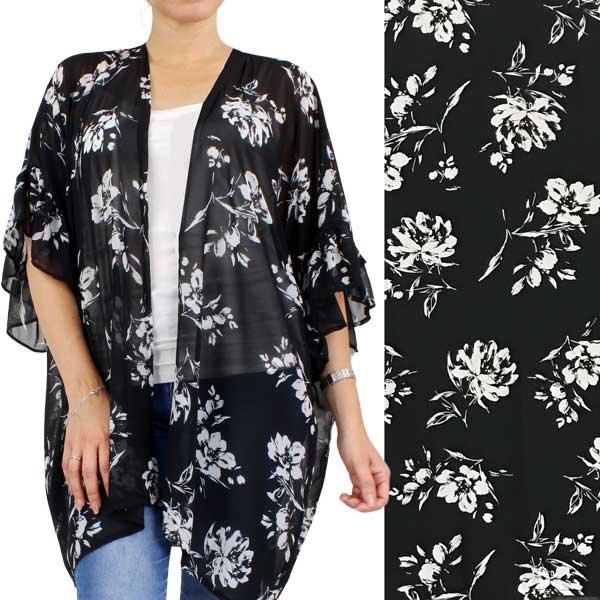 Wholesale 10154 - Flower Print Ruffle Kimono Black Floral - 