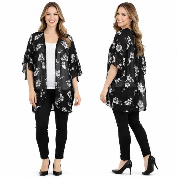 wholesale 10154 - Flower Print Ruffle Kimono Black Floral - 
