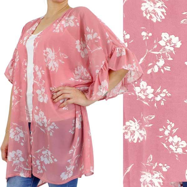 Wholesale 10154 - Flower Print Ruffle Kimono Rose Floral - 
