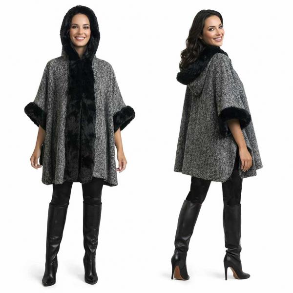wholesale LC17 - Tweed Hooded Cape with Fur LC17 - Black/Silver<br>
Hooded Fur Trimmed Cape - 