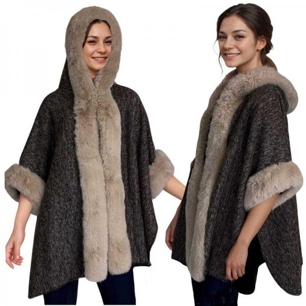 wholesale LC17 - Tweed Hooded Cape with Fur LC17 - Brown/Gold<br>
Hooded Fur Trimmed Cape - 
