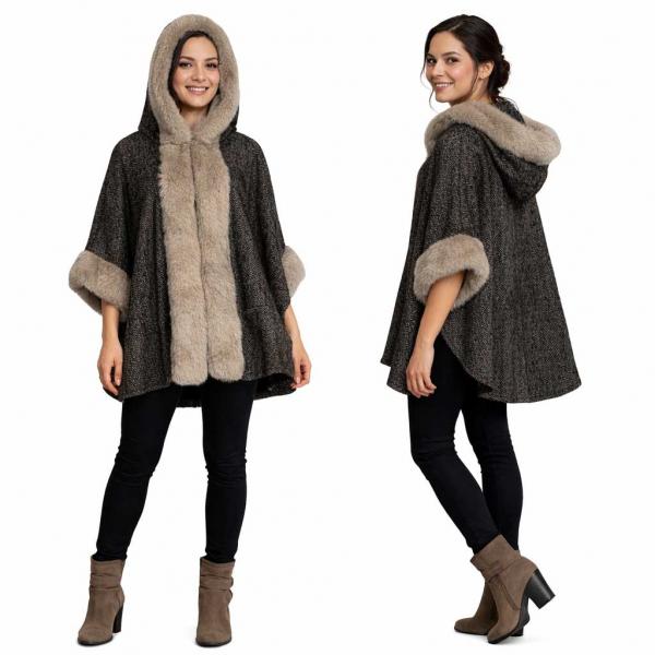 wholesale LC17 - Tweed Hooded Cape with Fur LC17 - Brown/Gold<br>
Hooded Fur Trimmed Cape - 