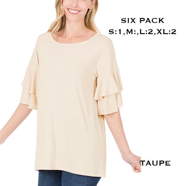 wholesale 7500 - Ity Double Ruffle Sleeve Top 7500 - Taupe - 1 Small 1 Medium 2 Large 2 Extra Large