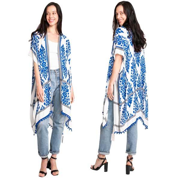 wholesale 2158 - Jessica's Kimonos with Pom Poms Blue and White - One Size Fits Most