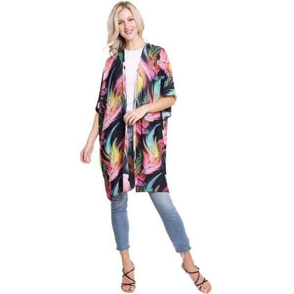 wholesale 2261 - Jessica's Feather Print Kimonos Black Multi - One Size Fits Most