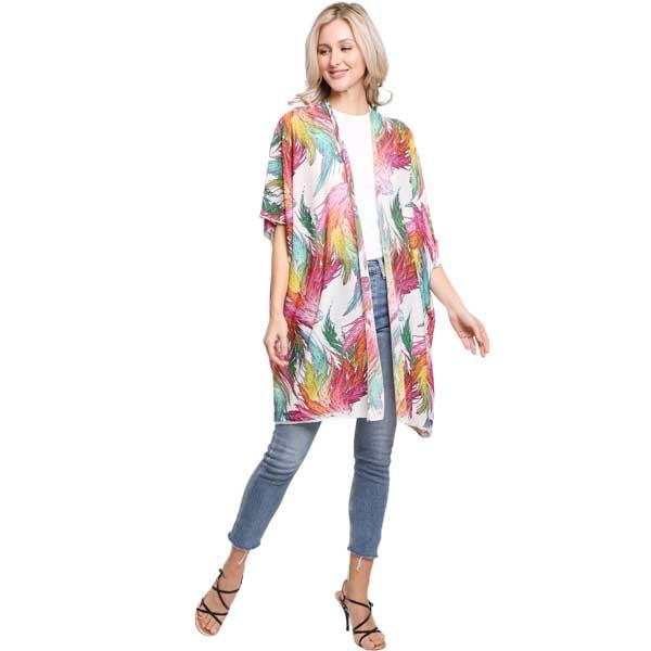 wholesale 2261 - Jessica's Feather Print Kimonos White Multi - One Size Fits Most