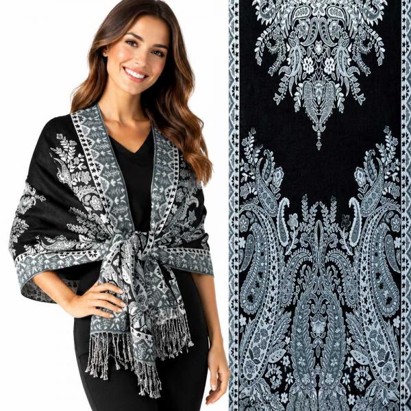 wholesale 3695 - Paisley Woven Shawls  3695 - A08 Slate/Black <br> 
Woven Paisley Shawl - 