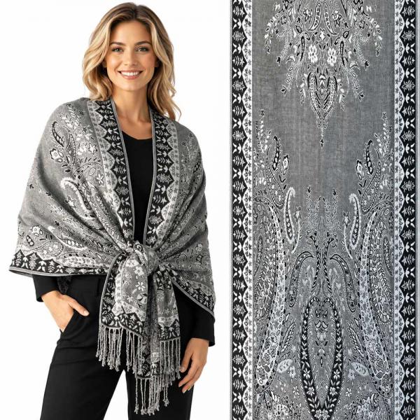 wholesale 3695 - Paisley Woven Shawls  3695 - A09 - Silver/Black <br> 
Woven Paisley Shawl - 