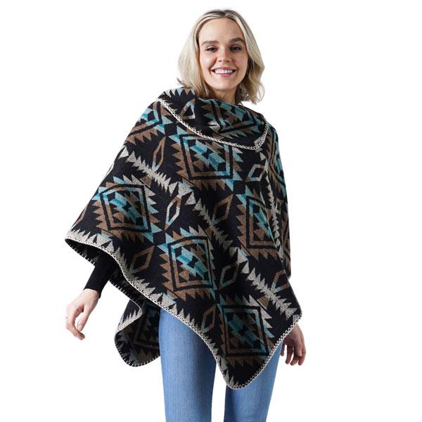wholesale 3722 - Western Design Ponchos and Bags 10291 - Black Multi<br>
Western Pattern Poncho - 