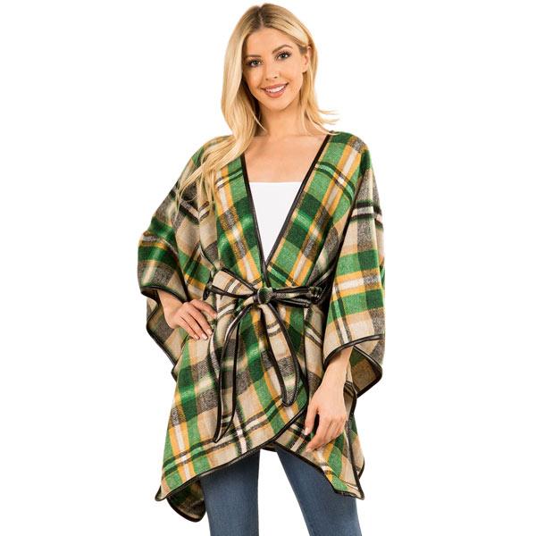 wholesale 3754 - Tartan Plaid Belted Ruanas 3754 - Green Accent<br>
Plaid Belted Ruana - 