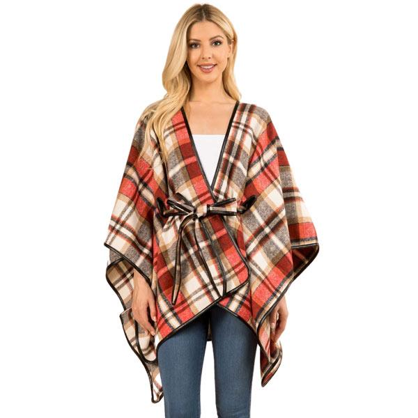 Wholesale 3754 - Tartan Plaid Belted Ruanas 3754 - Red Accent<br>
Plaid Belted Ruana - 
