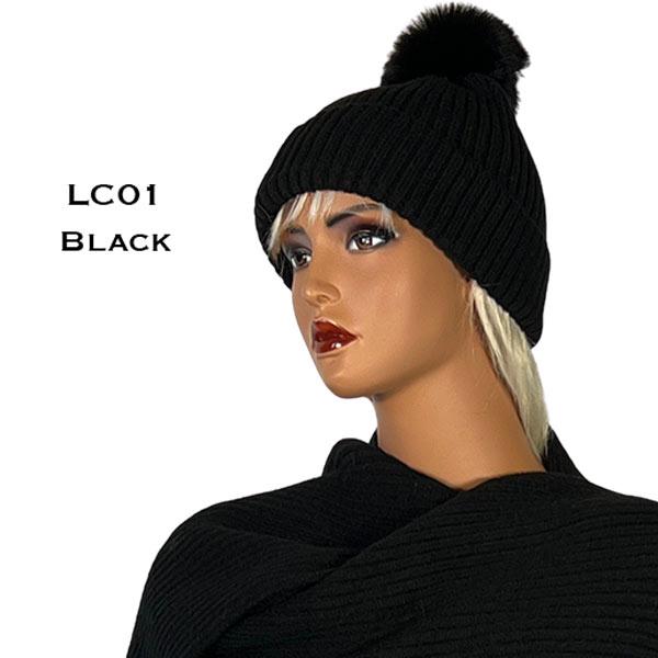 wholesale 3744 - Knitted Scarves / Matching Hats Black<br>
Knitted Hat with Pom  - 
