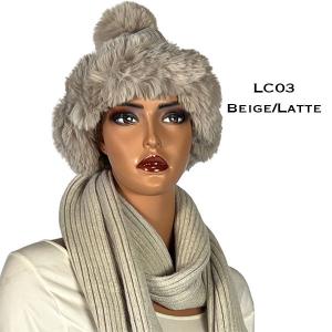 3744 - Knitted Scarves / Matching Hats and Mittens Beige/Latte<br>
Knitted Hat with Fur Trim and Pom - 
