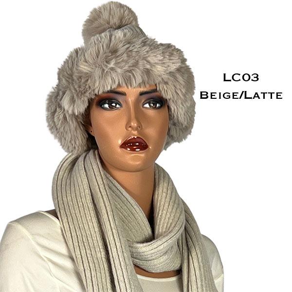 wholesale 3744 - Knitted Scarves / Matching Hats Beige/Latte<br>
Knitted Hat with Fur Trim and Pom - 