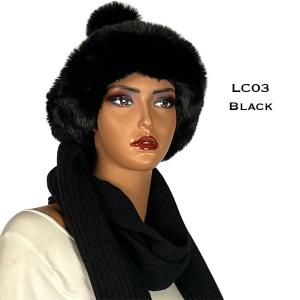 3744 - Knitted Scarves / Matching Hats and Mittens Black<br>
Knitted Hat with Fur Trim and Pom - 