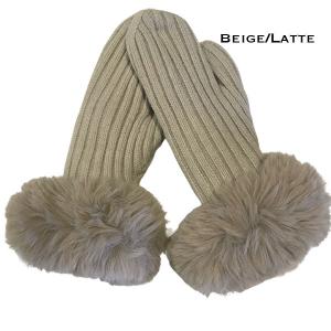 3744 - Knitted Scarves / Matching Hats and Mittens Beige/Latte<br>
Mittens with Fur Trim - 