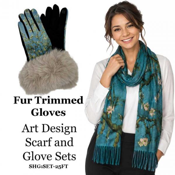 wholesale 3746 - Art Design Scarf and Glove Sets #025FT (Fur Cuff)<br>
Art Scarf and Fur Trimmed Glove Set  - 